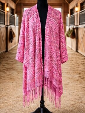 BIT & BRIDLED Boho Pink Sheer Kimono Fringe Hem One Size Fits Most Plus